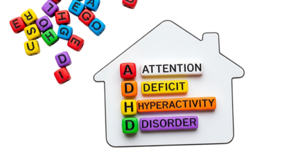 Adhd focus tools in remote work adhd acronym with colorful letter beads and house shape, isolated on transparent background