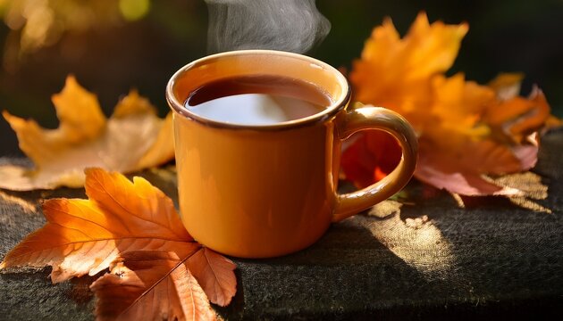 steaming coffee mug cozy autumn leaves peaceful relaxation warmth nature vibes autumnal moments shade seasonal delight ceramic drink colors orange yellow
