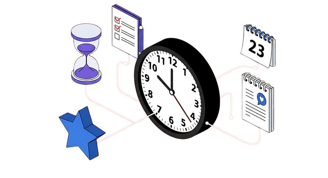 Adhd focus tools in remote work time management concept with clock, hourglass, calendar and checklist isolated on transparent background