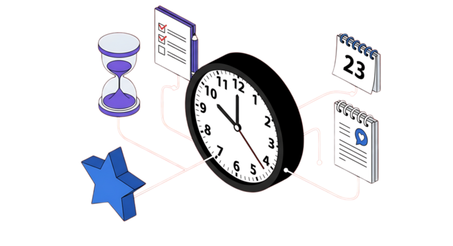 Adhd focus tools in remote work time management concept with clock, hourglass, calendar and checklist isolated on transparent background