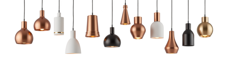 Modern pendant lights in various shapes and colors, including copper, black, and white, create stylish ambiance for any space
