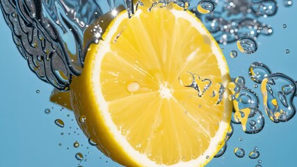Close-up of a bright yellow lemon slice submerged in water with splashing droplets fruit fresh - Powered by Adobe