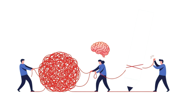 Adhd focus tools in remote work team untangling a complex red thread with a brain symbol isolated on transparent background