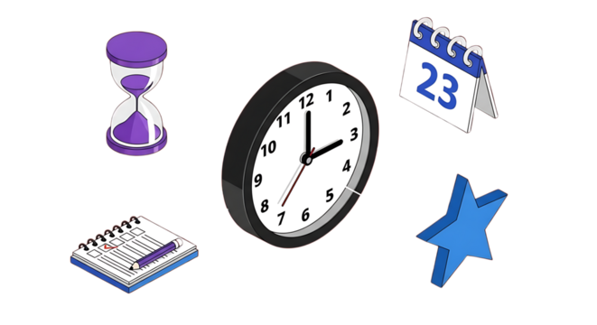 Adhd focus tools in remote work set of isometric icons related to time and planning isolated on transparent background