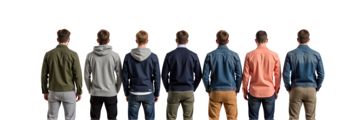 Stylish men jackets displayed from back, showcasing various colors and styles, perfect for casual wear and layering