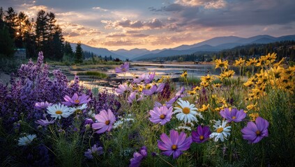 Vibrant Wildflowers Bloom in a Serene Mountain Valley at Sunset.