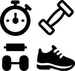 Achieve fitness goals with icons for stopwatch, dumbbells, and running shoe, perfect for health apps and gym branding.