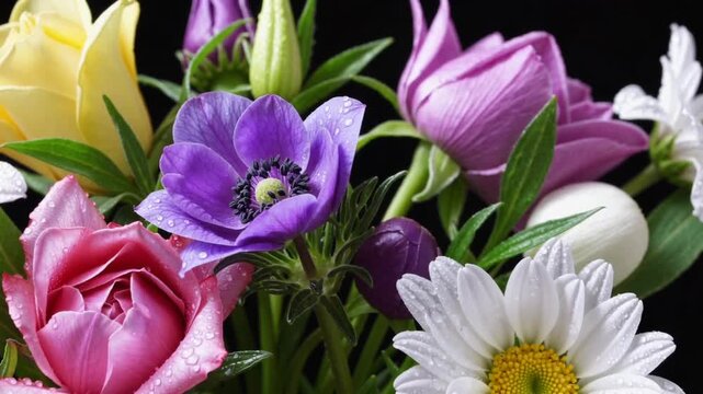 intimate close-up view of anemone flower within large assemblage of assorted blossoms on wet floral background