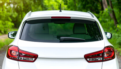 white car mockup decals. Rear window close up with dark green background 
