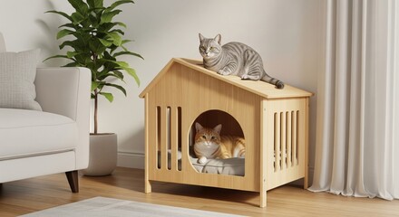Two cats relaxing in wooden cat house