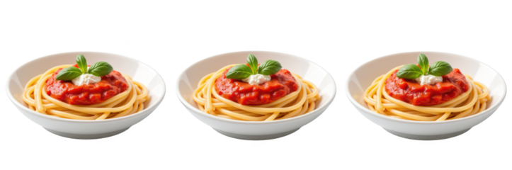 Delicious spaghetti with tomato sauce and basil, served in three white bowls, showcasing vibrant and appetizing meal