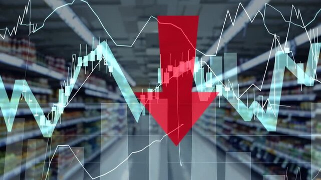 Red downward arrow sign on abstract blur supermarket background with declining sales graphs