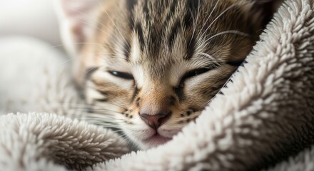 Sleeping kitten in soft blanket
