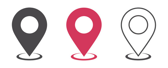 A set of three minimalist location pin icons for maps and navigation. Simple vector symbols in solid and outline styles for marking a destination
