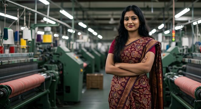 Confident young Indian woman in saree standing with crossed arms in textile factory showing Woman empowerment concept
