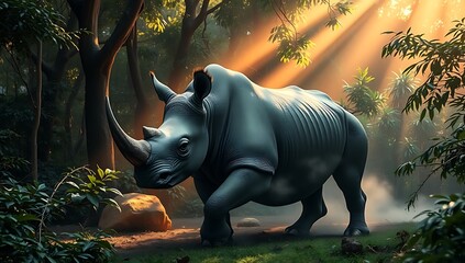 A rhinoceros walking through a lush forest with sunlight streaming through the trees in the background