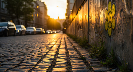 Cobblestone Reflections: Urban landscape capturing the essence of sunset along a historical city street with artistic