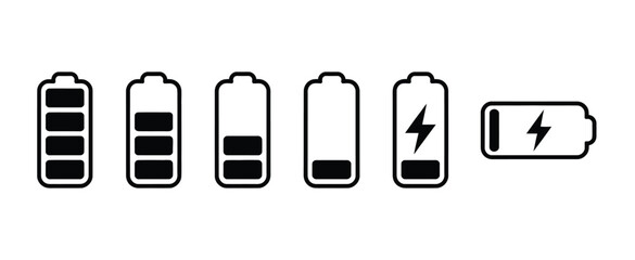 A vector set of monochrome battery charge level indicator icons. Includes full, low, empty, and charging status symbols for UI design