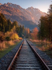 Fototapeta premium railroad tracks lead toward a mountain pass horizon during golden hour autumn trees flank the path creating a scenic journey the linear perspective of the railway suggests travel and destination
