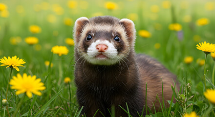 Captivating close-up of a sable ferret nestled in a vibrant meadow of blooming dandelions during the spring season