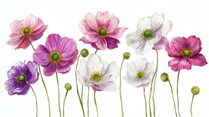 Fototapeta premium A collection of colorful anemone flowers in shades of pink, purple, and white, with green centers and buds, arranged in a natural style