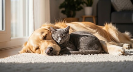 Golden retriever and kitten sleeping together