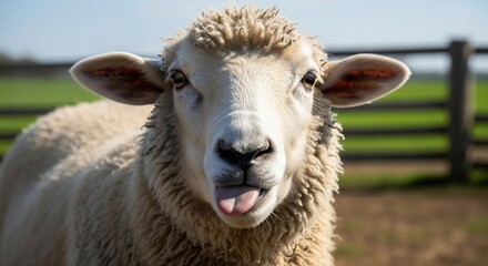Sheep outdoors with tongue out