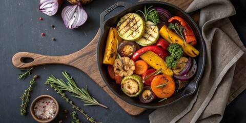 Vibrant roasted vegetables artfully arranged in a cast iron skillet with fresh herbs and sea salt