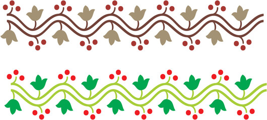  Floral Border Decorative Pattern with Leaves andBerries, Seamless Ornament Divider Design for Greeting Cards, Christmas, Wedding and Festive Decoration eps