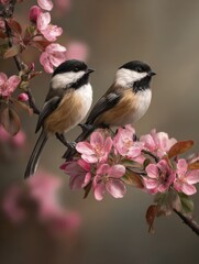 Obraz premium chickadees in spring a delicate duet among blossoms fine art illustration