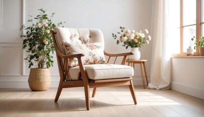 A light-filled room displays a mid-century wooden armchair with floral cushions, bathed in natural light.