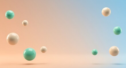 Abstract 3D render of floating spheres in teal and cream on a soft orange and blue gradient background.
