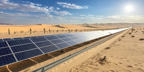 Expansive solar panels harnessing sunlight in the vast desert landscape under a brilliant blue sky