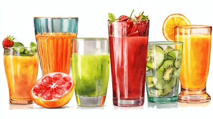 Fototapeta premium A colorful assortment of fresh fruit juices in various glasses, including orange, green, red, and yellow drinks, garnished with fruits like strawberries and citrus