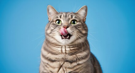 Tabby cat licking tongue studio shot