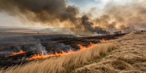 Fototapeta premium Wildfire engulfs dry grassland, illuminating the horizon with fierce flames and dark smoke in a remote landscape