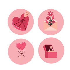 Obraz premium Set of cute things for Valentine's Day. Gifts, sweets, flowers, vinyl record, sparkling wine, flags etc.