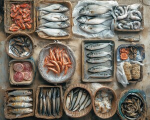 Overhead shot of various fresh seafood displayed in baskets at a market.