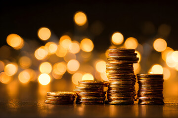 Golden Coin Stacks:  Financial Growth, Wealth, and Prosperity Concept with Warm Bokeh Lights.