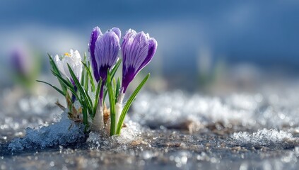 Purple Crocuses Emerging from Snow.