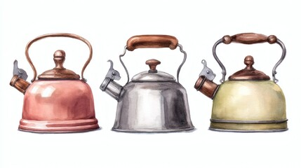 Three vintage kettles in different colors: red, silver, and yellow, with distinct handles and spouts, arranged side by side