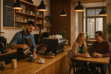 A warm and inviting coffee shop interior featuring a barista preparing a drink behind the counter while two customers sit at a wooden table enjoying their beverages