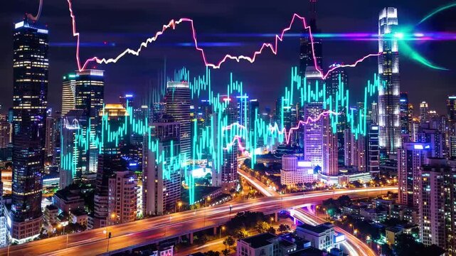 Financial Data Chart Overlaid on Urban Skyline at Night Representing Real Estate Investment Concepts