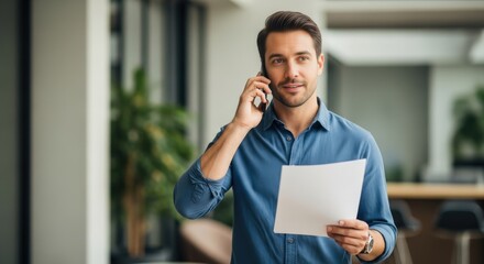 Handsome young businessman talking on the phone while holding documents in a modern office.