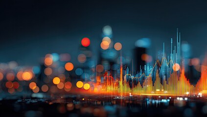 Dynamic financial graphs overlaying a blurred cityscape at night, showcasing fluctuating data points in warm and cool tones
