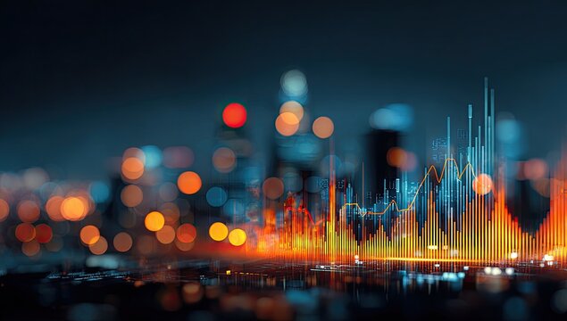 Dynamic financial graphs overlaying a blurred cityscape at night, showcasing fluctuating data points in warm and cool tones