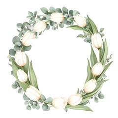 Naklejka premium Elegant Floral Wreath: A delicate and enchanting illustration showcases a meticulously crafted floral wreath. The wreath features soft, creamy tulips interspersed with verdant eucalyptus leaves.