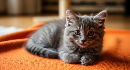 Gray kitten on orange blanket