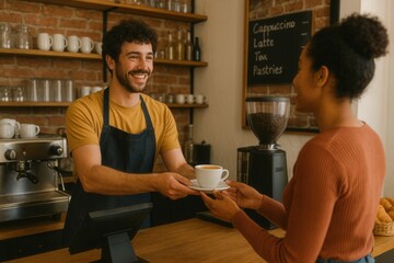 A smiling barista hands a cup of coffee to a customer at a cozy cafe counter