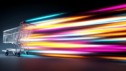 A speedy shopping cart trails colorful, fast-moving light streaks on a dark background - Powered by Adobe